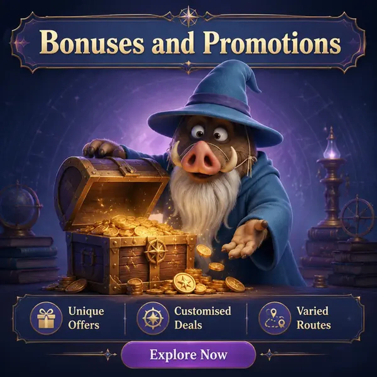Boar sage revealing Kingia Casino bonus treasure chest with golden coins spilling out