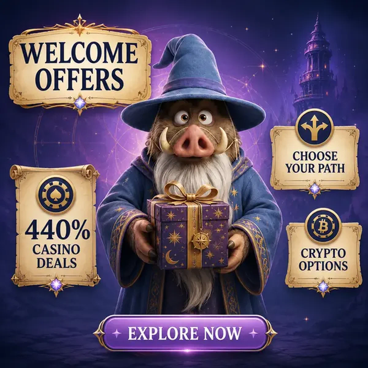 Boar magus presenting sports betting welcome offers at Kingia Sportsbook with mystical package