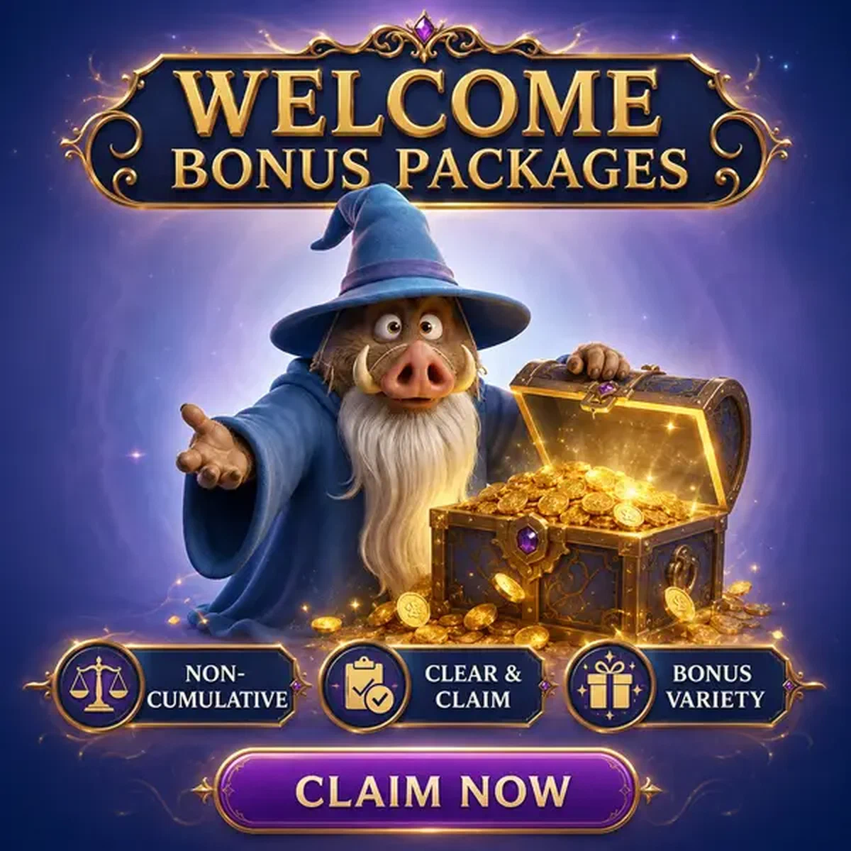 Boar magus revealing welcome bonus treasures at Kingia Casino mystical chamber
