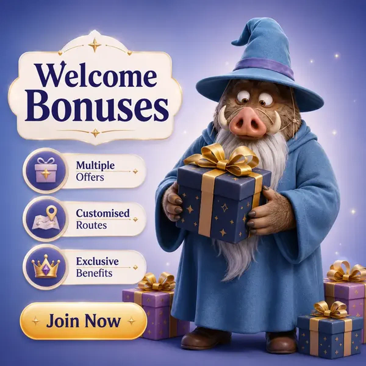Curious boar magus holding welcome bonus gift at Kingia Casino login portal