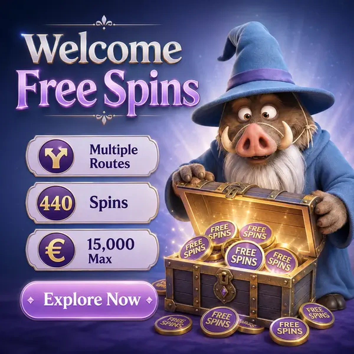 Court Sage opening treasure chest of free spins at Welcome Free Spins on Popular Slots