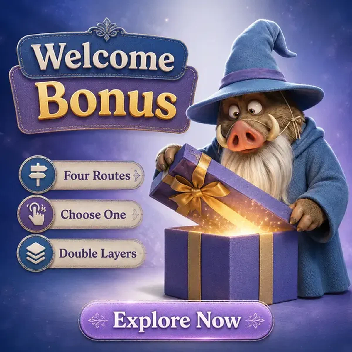 Court Sage lifting gift box lid revealing Kingia app welcome bonus treasures