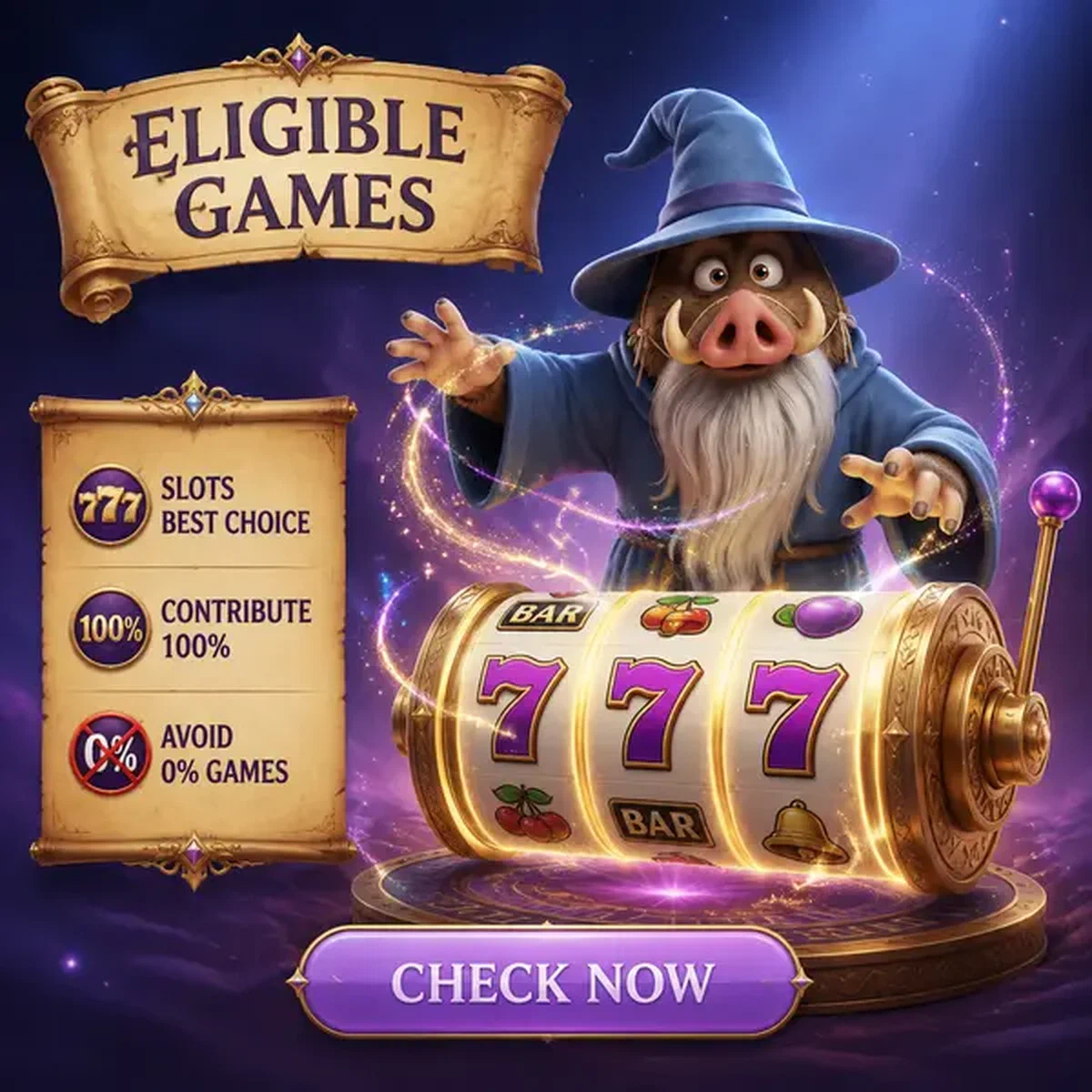 Boar magus casting spell on slot reel for Casino Kingia no deposit bonus wagering guide