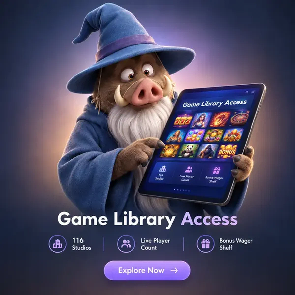 Boar magus exploring game library on tablet after Kingia sign up complete