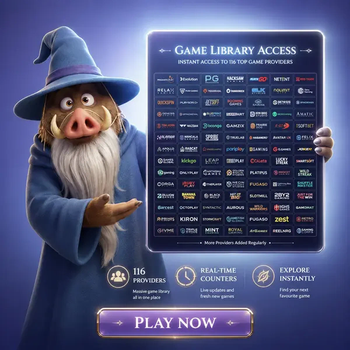 Court Sage presenting glowing tablet with 116-provider login access at Instant Access to 116-Provider Game Library