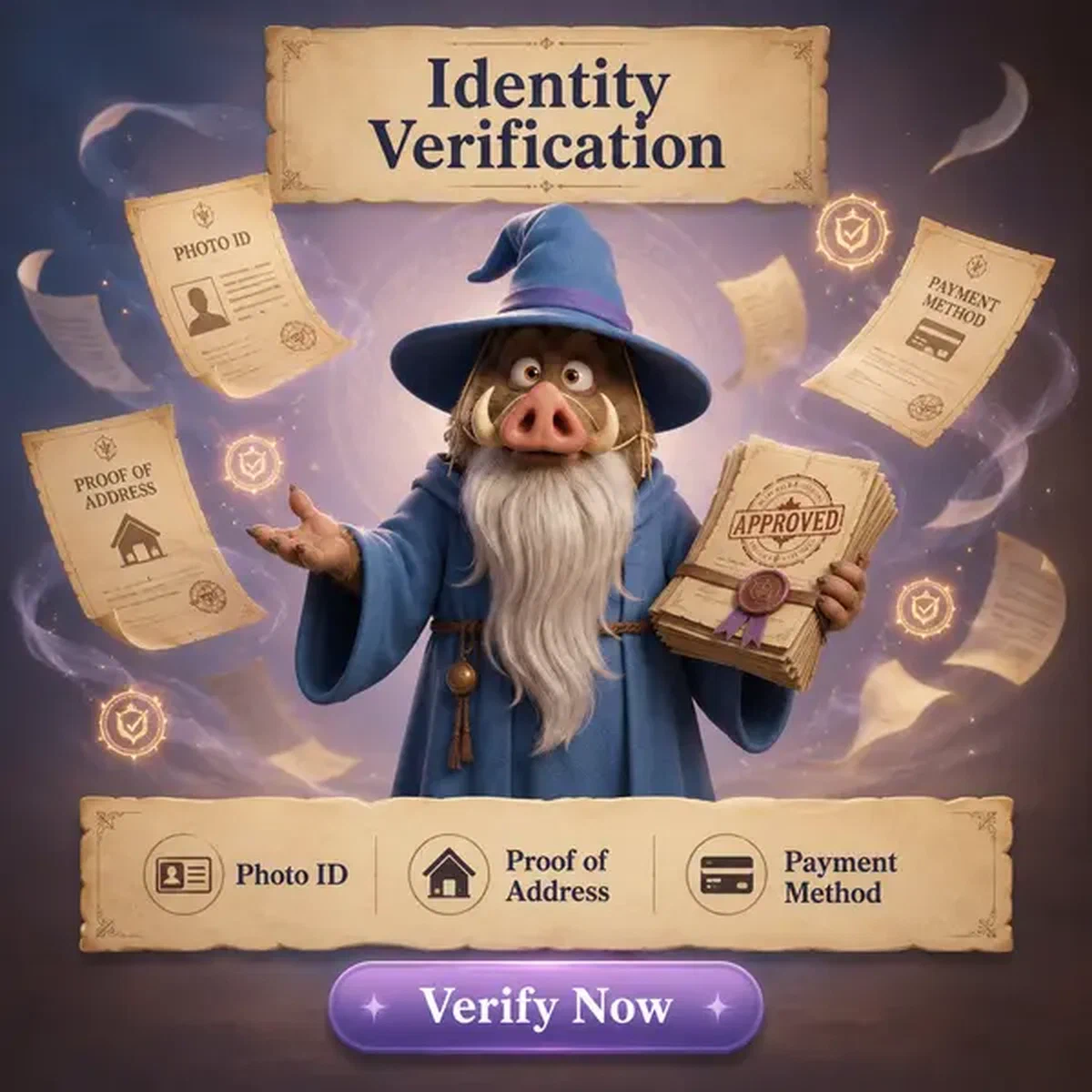 Elderly boar sage presenting KYC documents as player begins identity verification at Kingia