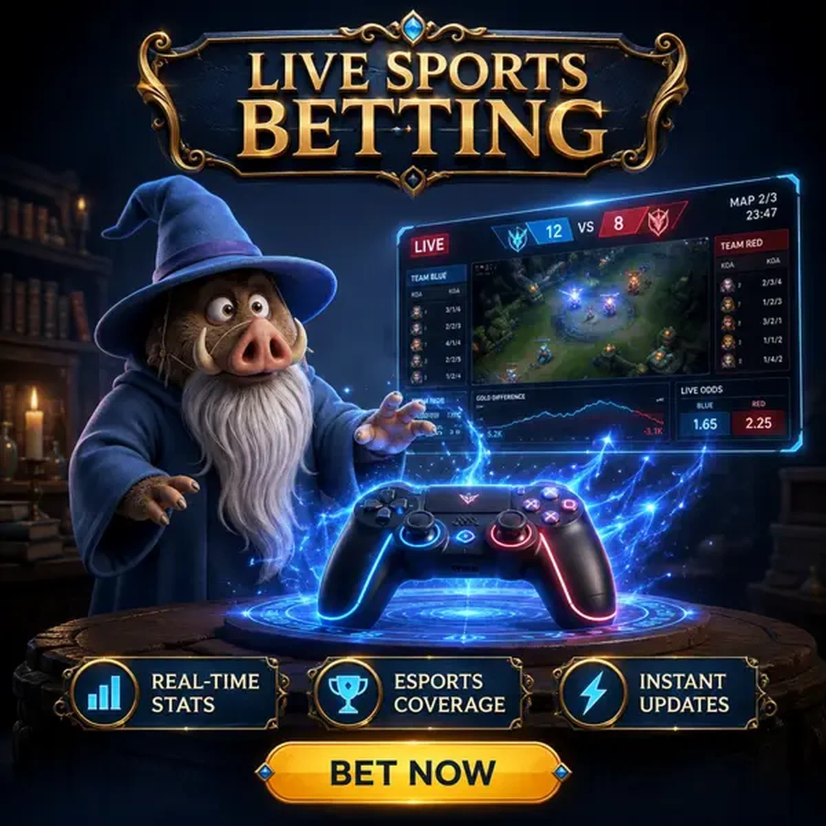Boar sage analyzing sports betting stats at Live Sports and In-Play Kingia Betting Now portal