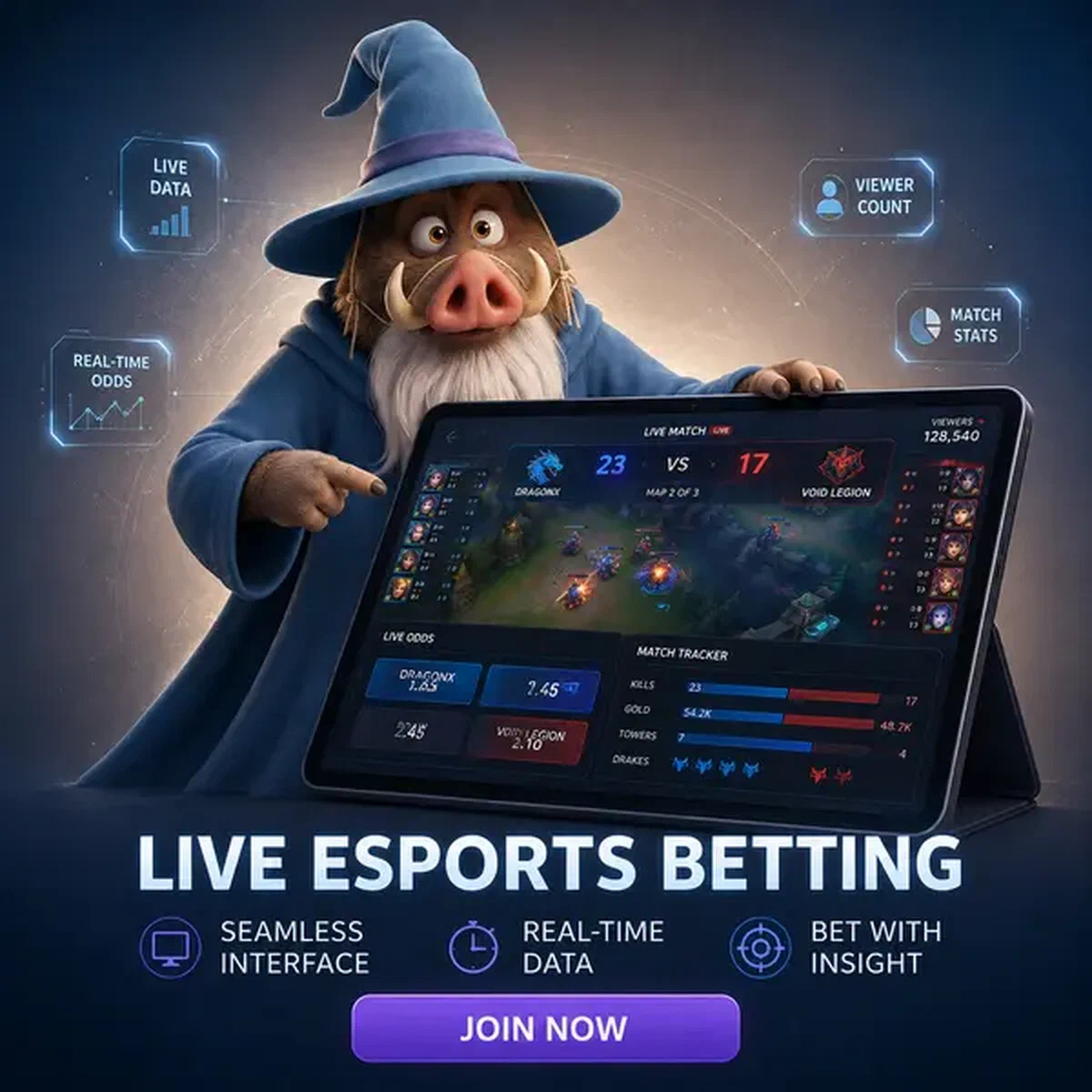 Wise boar magus analyzing esports betting data at Live Streaming and In-Play Esports Markets portal