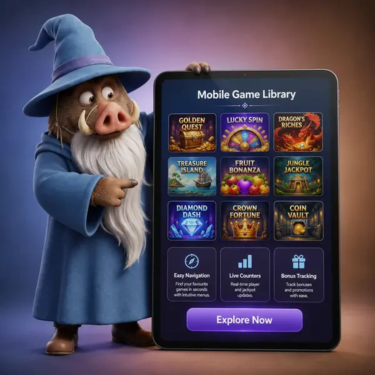Boar magus exploring [Brand] mobile app features on glowing tablet screen