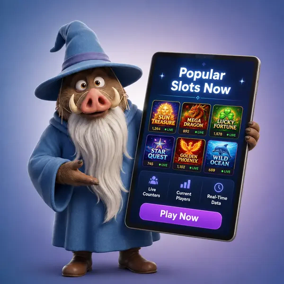 Wise boar sage displaying Popular Slots Now live counters and slot games data on mystical tablet