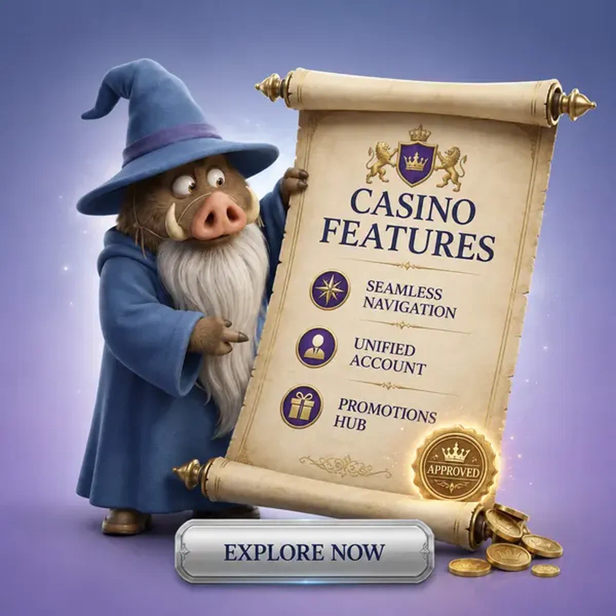 Court Sage examining Kingia Casino features scroll with royal crests and glowing approval stamp